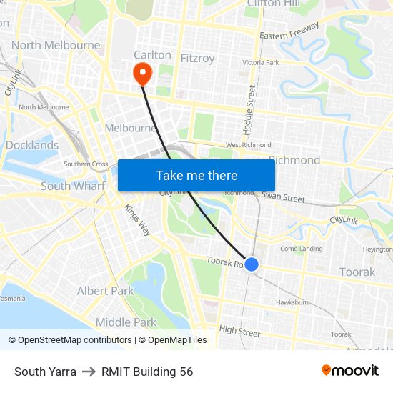 South Yarra to RMIT Building 56 map