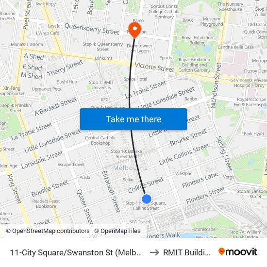 11-City Square/Swanston St (Melbourne City) to RMIT Building 56 map