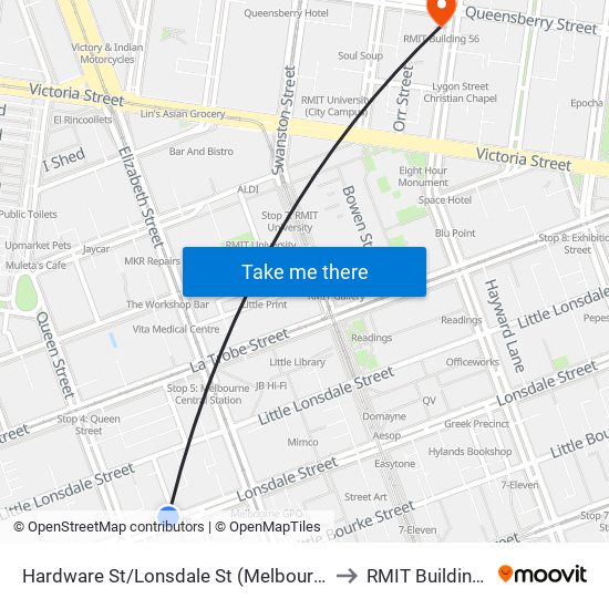 Hardware St/Lonsdale St (Melbourne City) to RMIT Building 56 map