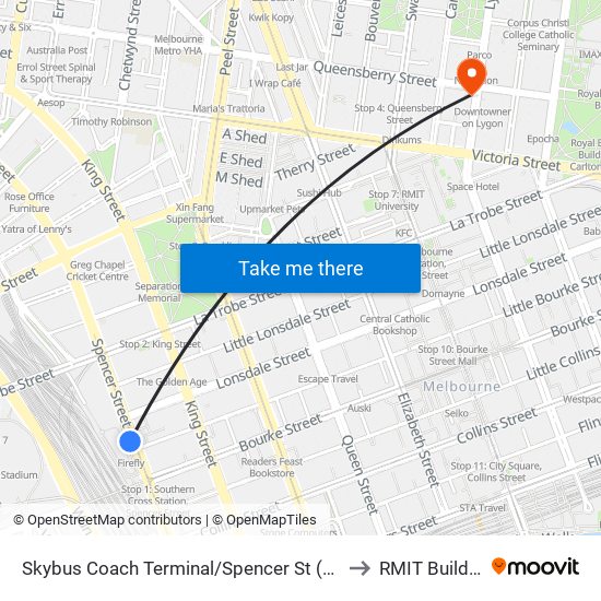 Skybus Coach Terminal/Spencer St (Melbourne City) to RMIT Building 56 map