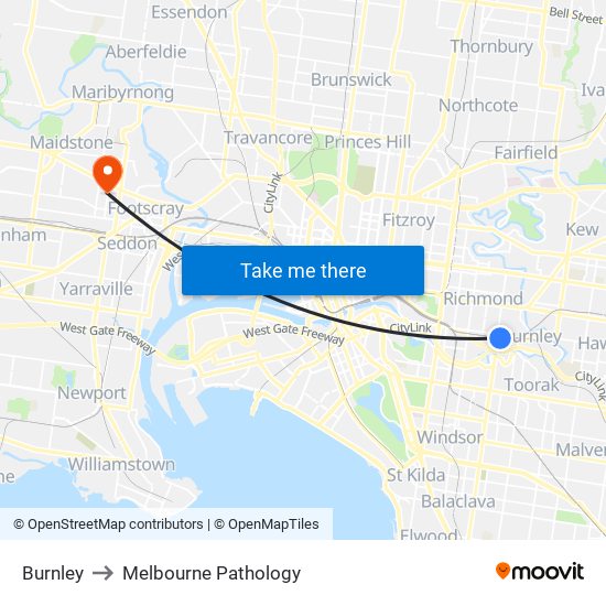 Burnley to Melbourne Pathology map