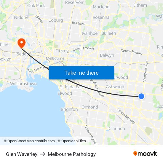 Glen Waverley to Melbourne Pathology map