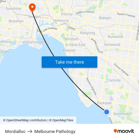 Mordialloc to Melbourne Pathology map