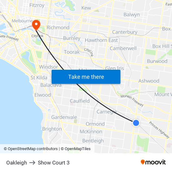 Oakleigh to Show Court 3 map