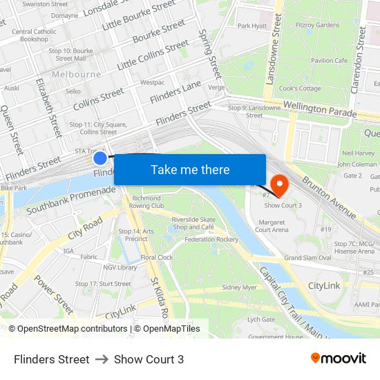 Flinders Street to Show Court 3 map