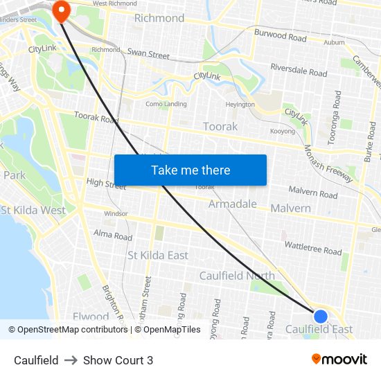 Caulfield to Show Court 3 map