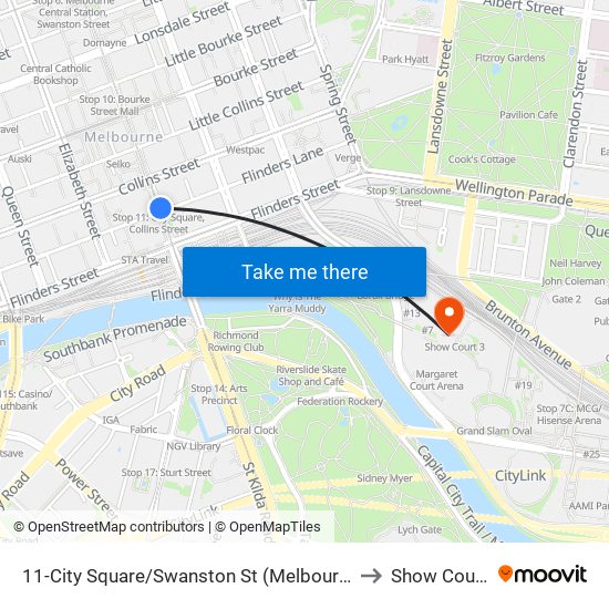 11-City Square/Swanston St (Melbourne City) to Show Court 3 map