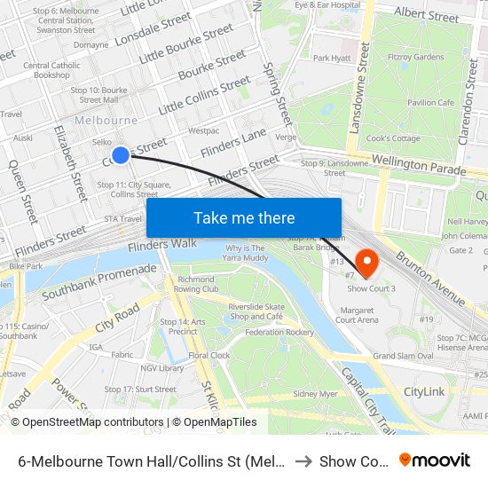 6-Melbourne Town Hall/Collins St (Melbourne City) to Show Court 3 map