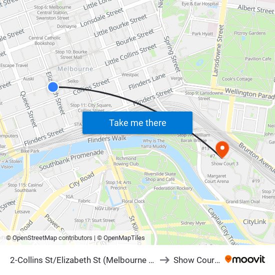 2-Collins St/Elizabeth St (Melbourne City) to Show Court 3 map