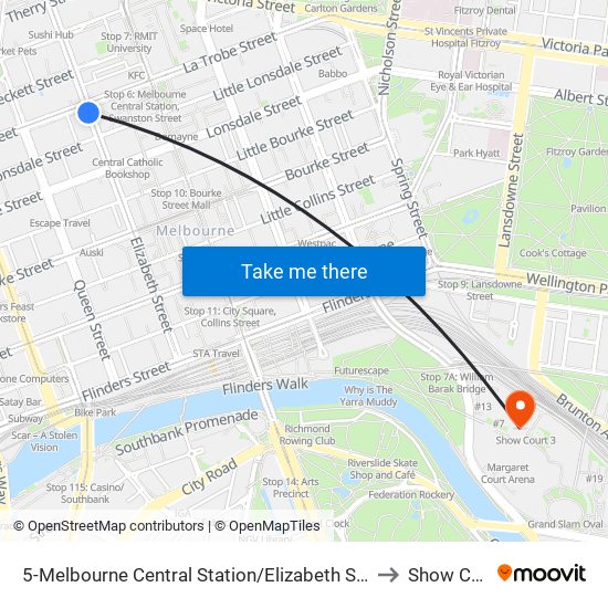 5-Melbourne Central Station/Elizabeth St (Melbourne City) to Show Court 3 map