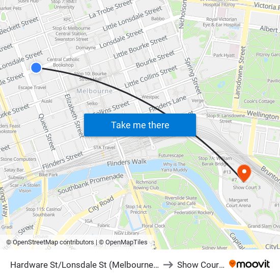 Hardware St/Lonsdale St (Melbourne City) to Show Court 3 map