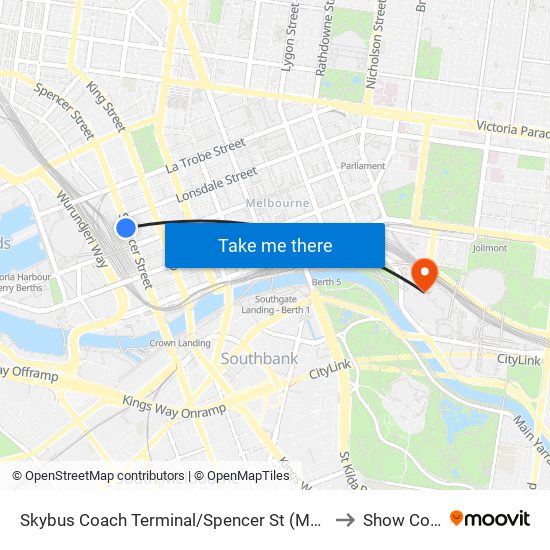 Skybus Coach Terminal/Spencer St (Melbourne City) to Show Court 3 map