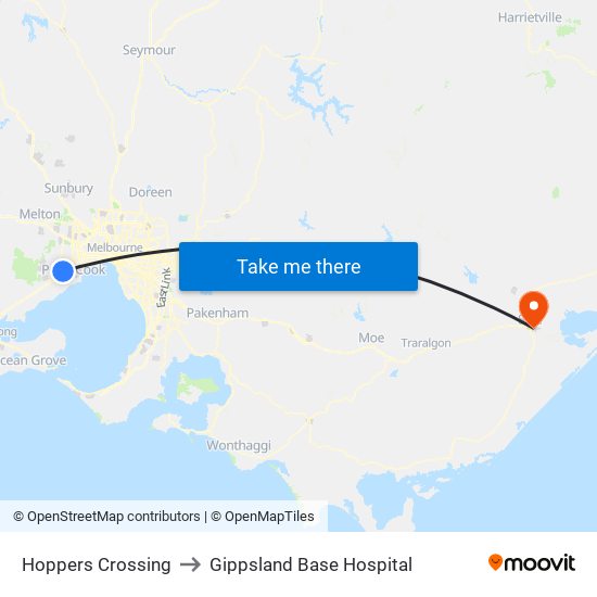 Hoppers Crossing to Gippsland Base Hospital map