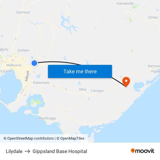 Lilydale to Gippsland Base Hospital map