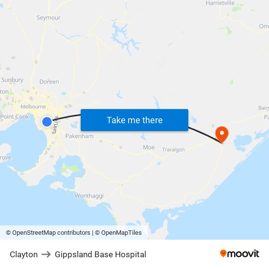 Clayton to Gippsland Base Hospital map