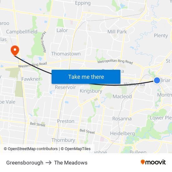 Greensborough to The Meadows map