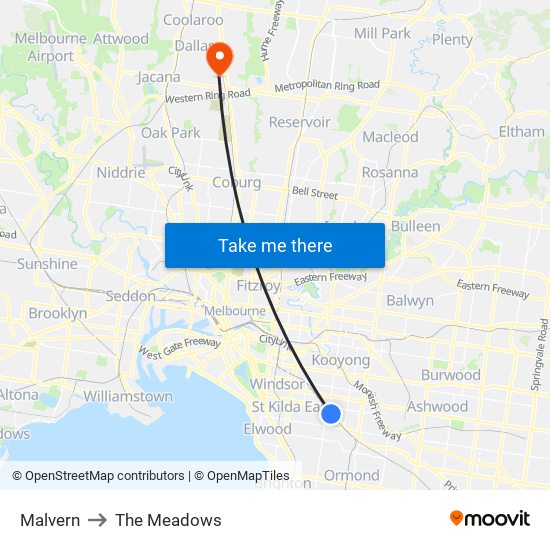 Malvern to The Meadows map