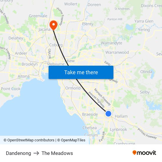 Dandenong to The Meadows map