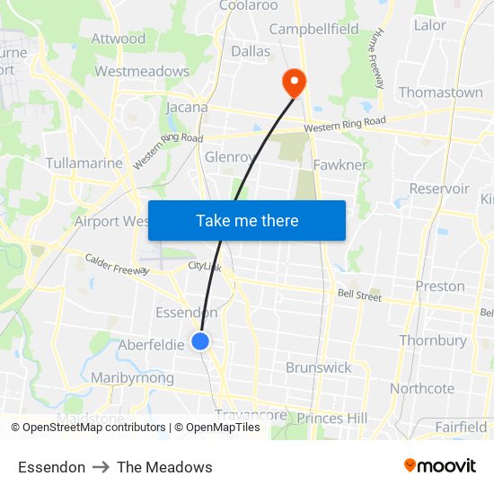 Essendon to The Meadows map