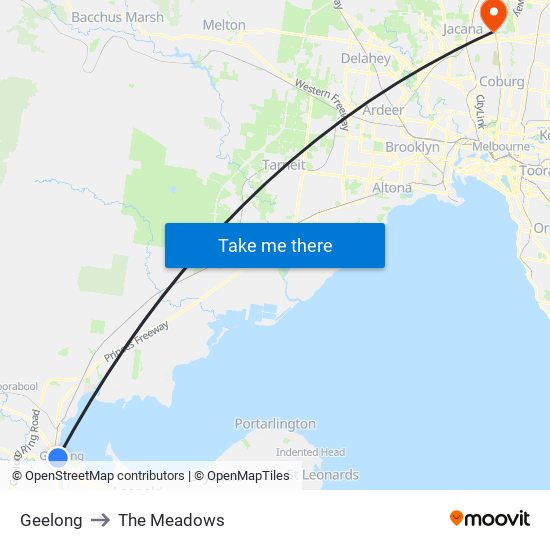 Geelong to The Meadows map