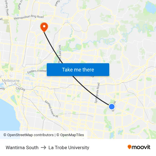 Wantirna South to La Trobe University map