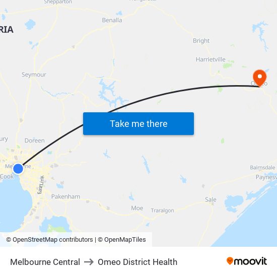 Melbourne Central to Omeo District Health map