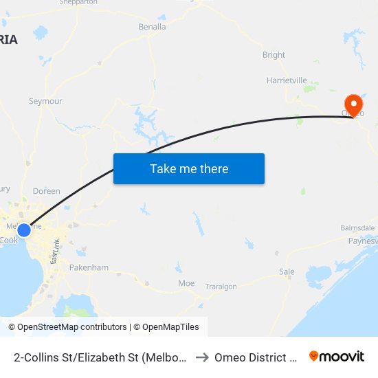 2-Collins St/Elizabeth St (Melbourne City) to Omeo District Health map