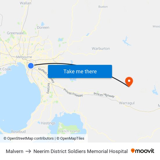 Malvern to Neerim District Soldiers Memorial Hospital map