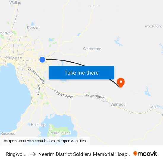 Ringwood to Neerim District Soldiers Memorial Hospital map