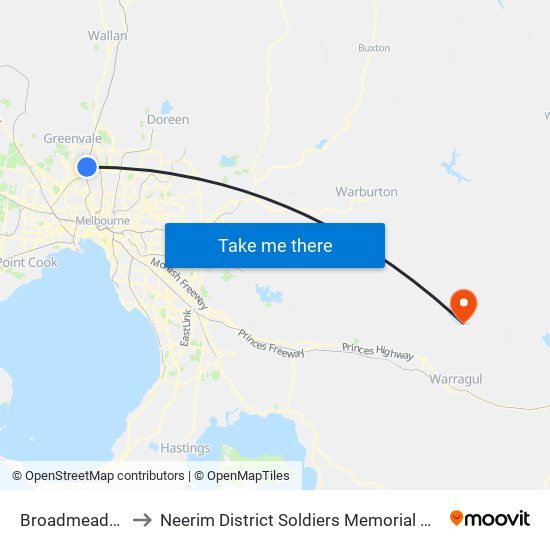 Broadmeadows to Neerim District Soldiers Memorial Hospital map