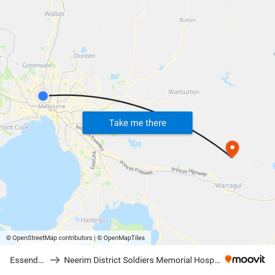 Essendon to Neerim District Soldiers Memorial Hospital map