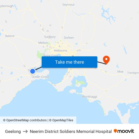 Geelong to Neerim District Soldiers Memorial Hospital map