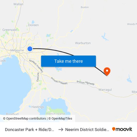 Doncaster Park + Ride/Doncaster Rd (Doncaster) to Neerim District Soldiers Memorial Hospital map