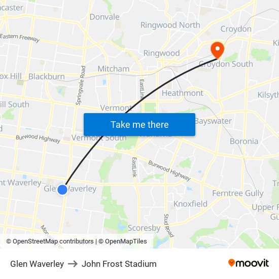 Glen Waverley to John Frost Stadium map