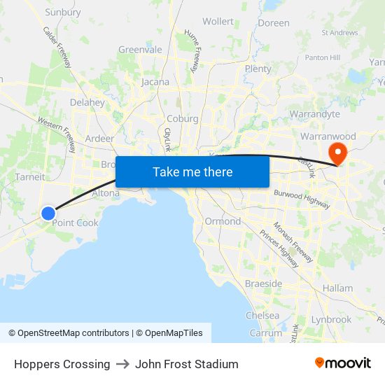 Hoppers Crossing to John Frost Stadium map