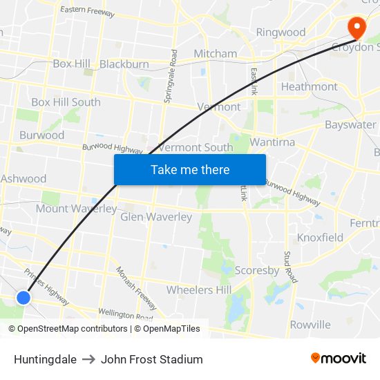 Huntingdale to John Frost Stadium map
