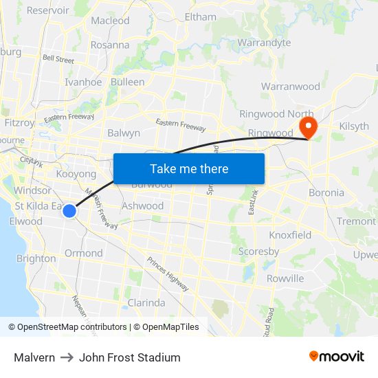 Malvern to John Frost Stadium map