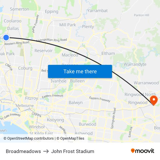 Broadmeadows to John Frost Stadium map