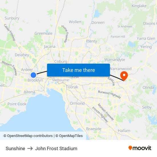 Sunshine to John Frost Stadium map