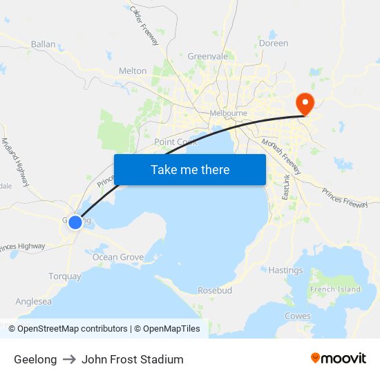 Geelong to John Frost Stadium map