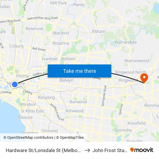 Hardware St/Lonsdale St (Melbourne City) to John Frost Stadium map