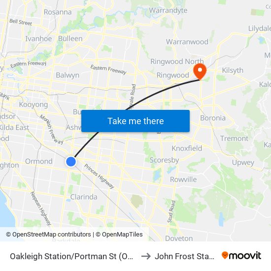 Oakleigh Station/Portman St (Oakleigh) to John Frost Stadium map