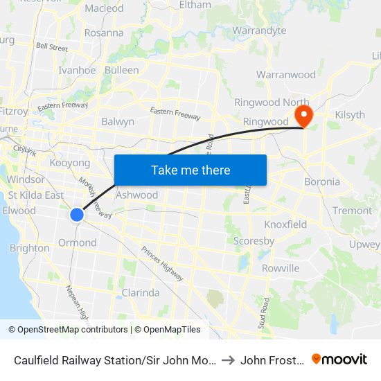 Caulfield Railway Station/Sir John Monash Dr (Caulfield East) to John Frost Stadium map