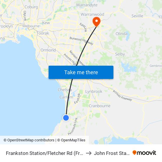 Frankston Station/Fletcher Rd (Frankston) to John Frost Stadium map