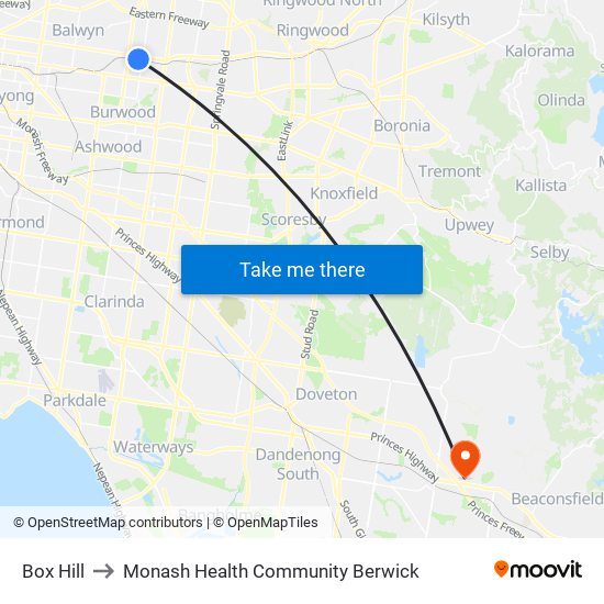 Box Hill to Monash Health Community Berwick map