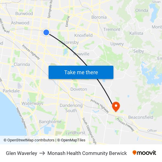 Glen Waverley to Monash Health Community Berwick map