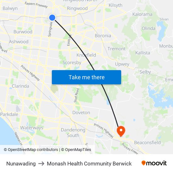 Nunawading to Monash Health Community Berwick map