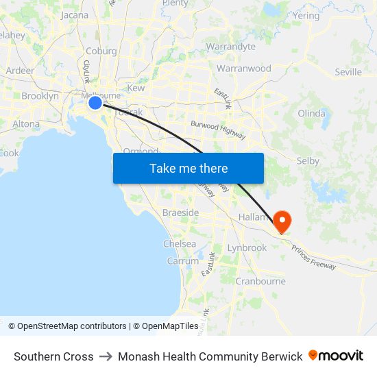 Southern Cross to Monash Health Community Berwick map