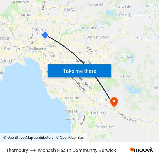 Thornbury to Monash Health Community Berwick map