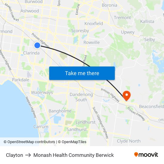 Clayton to Monash Health Community Berwick map